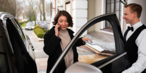 A man and woman are entering a car together in a parking area.