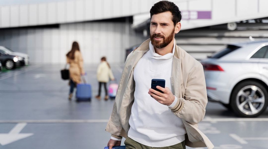 A bearded man is engaged with his cellphone in an airport environment.