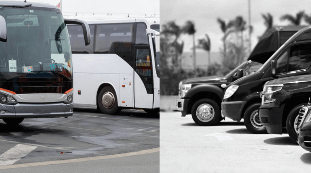 Two distinct buses parked side by side, showcasing different designs and colors in a clear outdoor setting.