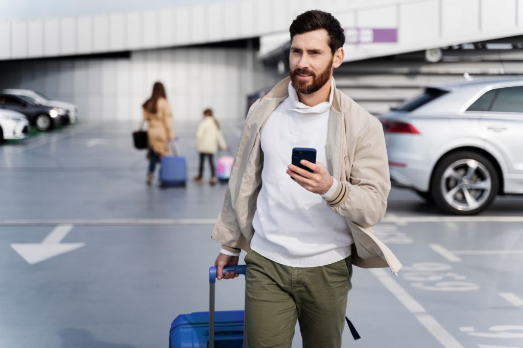 In an airport, a man with a suitcase and phone appears focused, ready to embark on his travel plans.