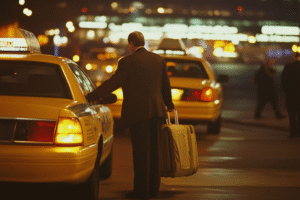 A man in a suit stands beside a yellow taxi cab on a city street.