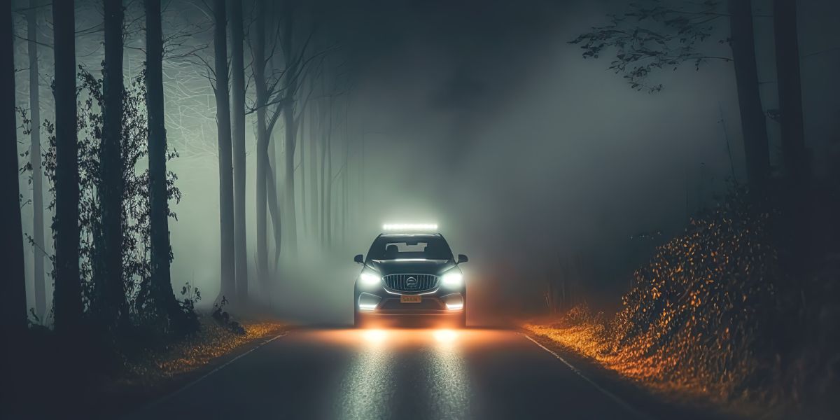 A car drives down a foggy road at night, its headlights cutting through the mist.