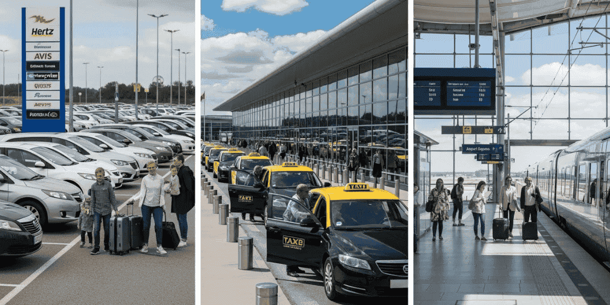Four separate images of travelers waiting for taxis at an airport, highlighting their anticipation and diverse appearances.