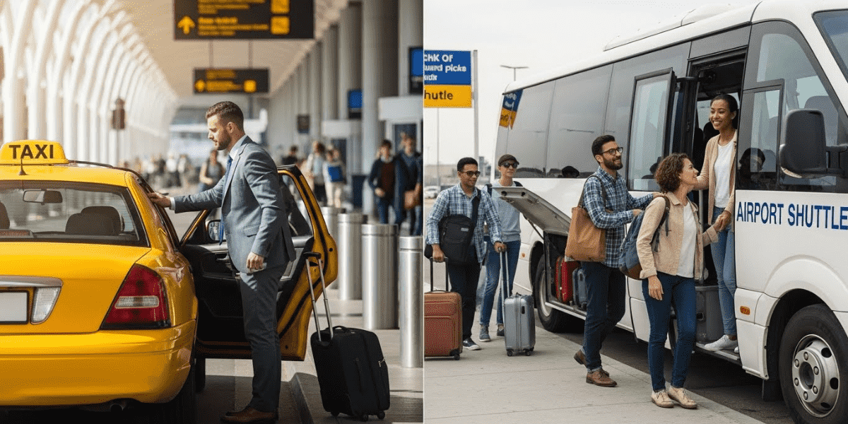 Two images show people entering a taxi and a yellow bus, illustrating different modes of transportation.