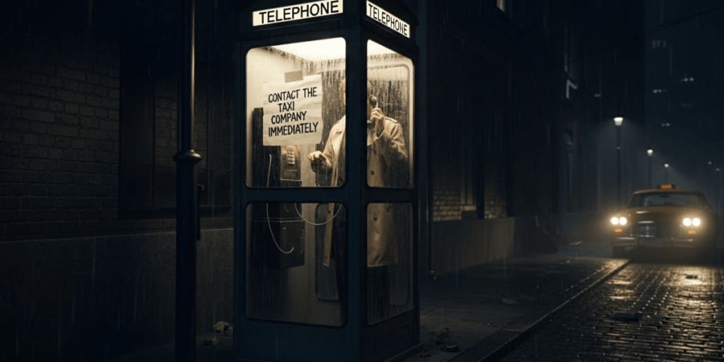 A person in a trench coat is in a dimly lit phone booth on a rainy night, with a sign saying, "Contact the taxi company immediately." A taxi is nearby.