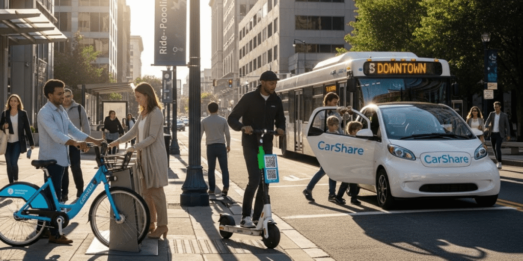 City scene featuring individuals on bicycles and scooters navigating through urban traffic and pedestrians.