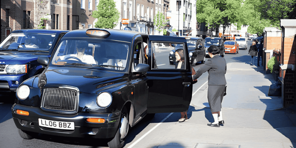 A woman is getting into a black taxi, indicating she is about to start her ride