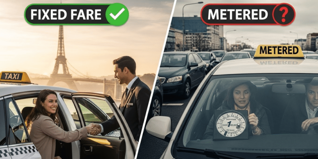 Split image of taxi rides: Left shows a smiling woman shaking hands with a driver in front of the Eiffel Tower with "Fixed Fare" in green. Right shows a concerned couple inside a taxi with "Metered" fare in red.