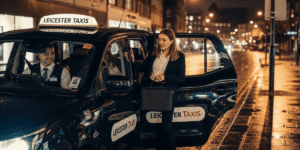 A woman stepping into a taxi at night, with city lights glowing in the background.