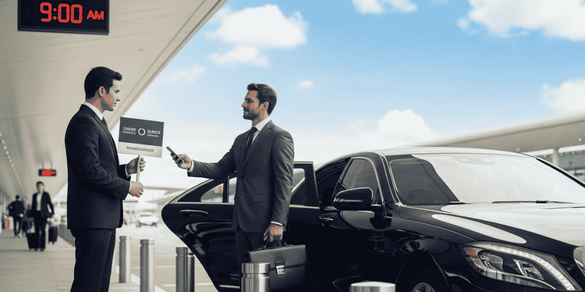 Two men in suits stand beside a parked car, engaged in conversation.
