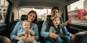 A family of four is in the back seat of a car, with a baby in a car seat, all looking happy and engaged.