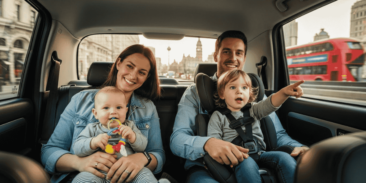 A family of four is in the back seat of a car, with a baby in a car seat, all looking happy and engaged.