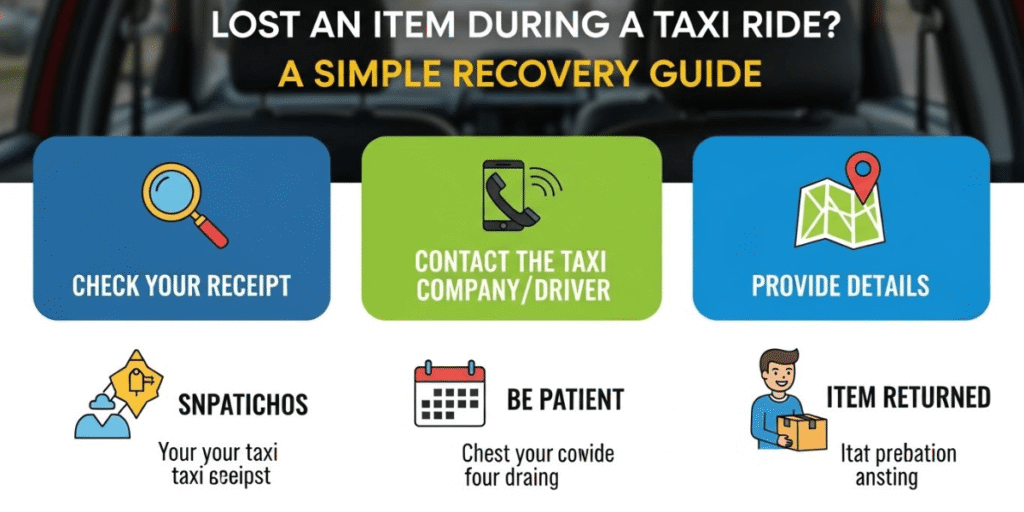 Infographic titled 'Lost an Item During a Taxi Ride? A Simple Recovery Guide.' It includes steps: Check Your Receipt, Contact the Taxi Company/Driver, and Provide Details. Icons include a magnifying glass, phone, and map. Additional notes: be patient, item returned. Background shows a car interior.