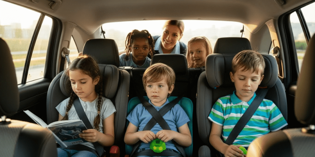A group of children in the back seat of a car, laughing and playing with toys.