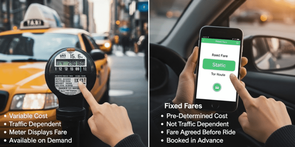 Split image comparing taxi fare methods: Left shows a taxi meter with "Variable Cost" text, right shows a smartphone app with "Fixed Fares" details.