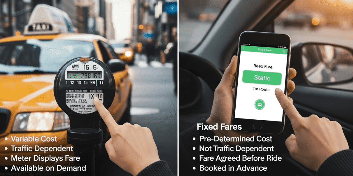 Split image comparing taxi fare methods: Left shows a taxi meter with "Variable Cost" text, right shows a smartphone app with "Fixed Fares" details.