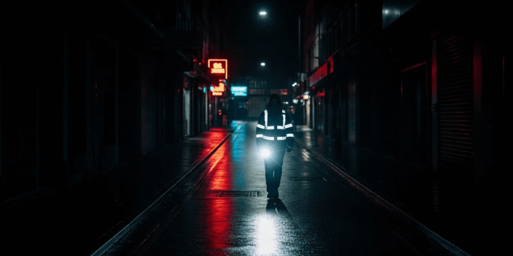 A person walking alone down a dimly lit alley at night, surrounded by shadows and faint streetlights.