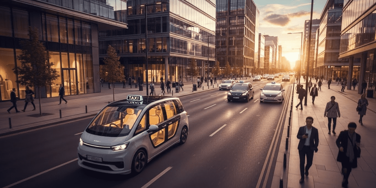 A self-driving car travels down a city street, showcasing modern architecture and urban life.