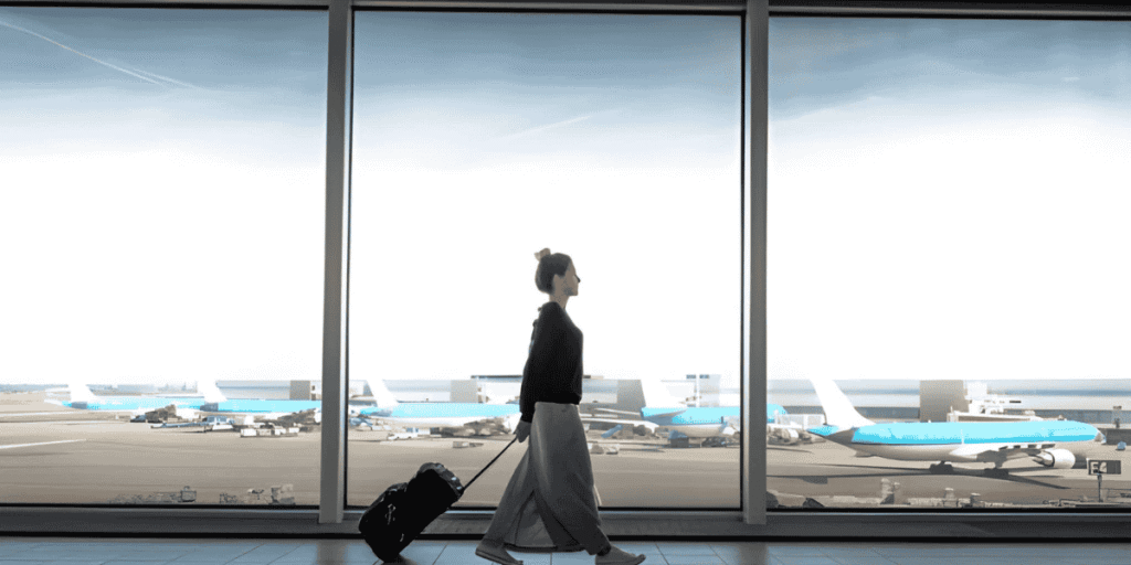 A woman strides through an airport, carrying her luggage as she heads to her destination.