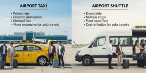 Two photos depict individuals next to a taxi and an airport shuttle, highlighting travel options at the airport.