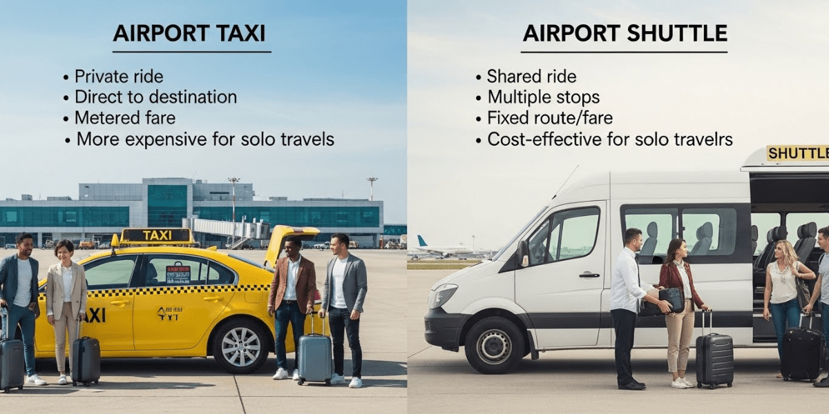 Two photos depict individuals next to a taxi and an airport shuttle, highlighting travel options at the airport.