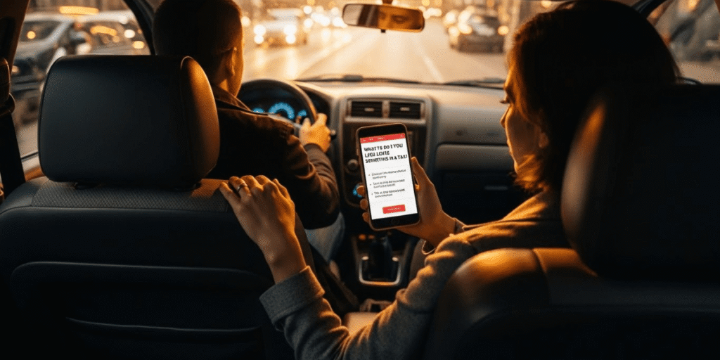 A man and woman are seated in a car, using a smartphone together, appearing to discuss something on the screen.