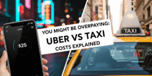 Split image; left shows a hand holding a smartphone with an Uber fare of $25. Right side depicts a yellow taxi in a city, meter displaying $33.35. Text reads: "You might be overpaying: Uber vs Taxi costs explained." The comparison suggests a cost analysis theme.