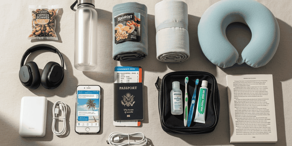 A packed travel bag featuring a book, headphones, a phone, a passport, and a travel pillow for a comfortable trip.