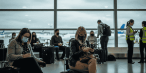 Passengers in an airport donning face masks, reflecting current health guidelines for safe travel during the pandemic.