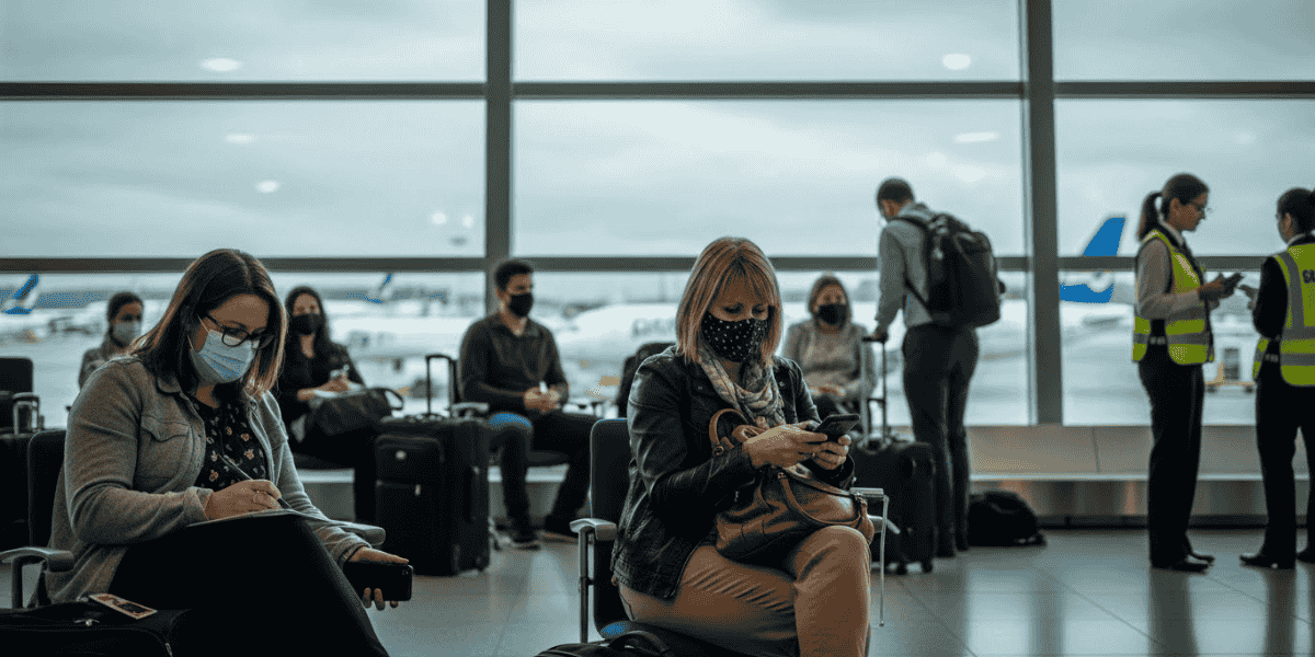 Passengers in an airport donning face masks, reflecting current health guidelines for safe travel during the pandemic.
