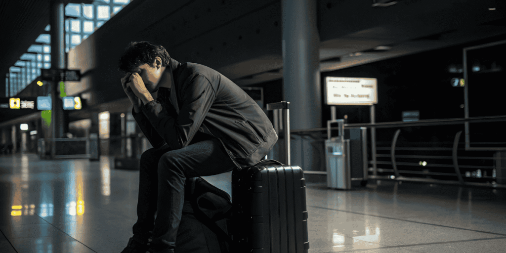 A man seated on a suitcase in an airport, observing the bustling environment of fellow passengers.