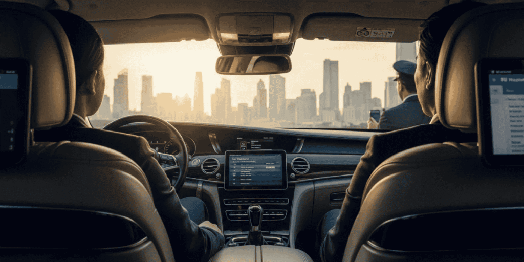 Two people dressed in business suits inside a car, with a city skyline seen through the window behind them.