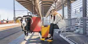 A woman in sunglasses and a hat sits on a train station bench, looking pensive. Beside her, a goat with large horns stands near luggage. Quirky and surreal.