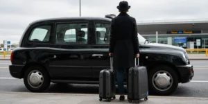 man with suitcase standing beside a taxi