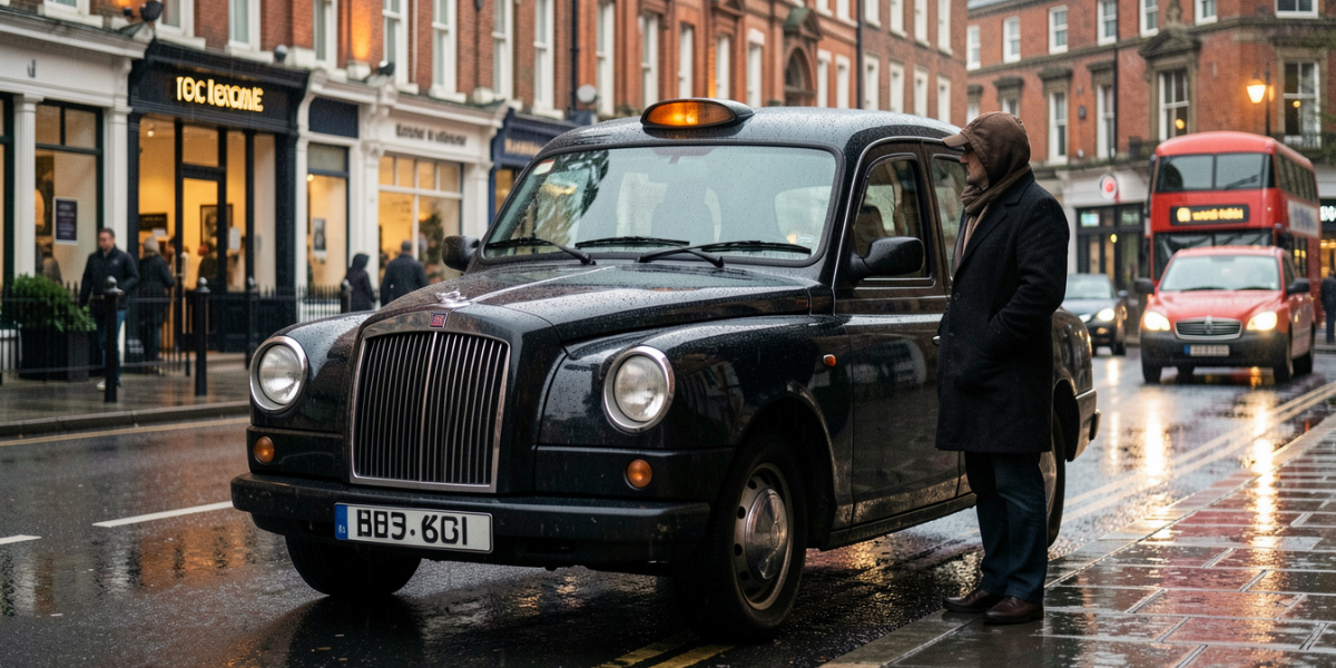 man standing beside a taxi.