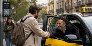 A passenger shaking hands with a local taxi driver while a lady behind them is booking her ride via app.