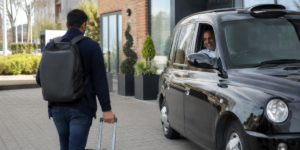 A passenger walking towards a pre-booked taxi while the taxi rider is opening the door for her.